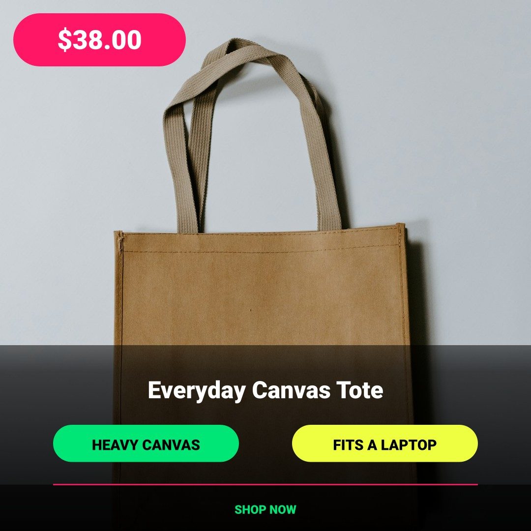 The tote bag as a catalog ad with price and product tags